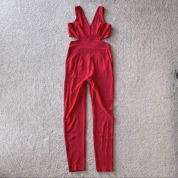 Nordstrom Pants - Fraiche by J red cutout v neck jumpsuit high waist tapered leg ponte holiday